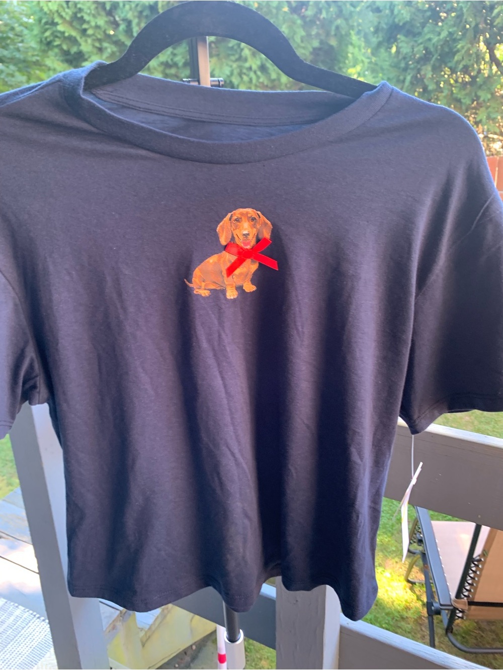 Rebellious One Navy Tee with Dachshund and Red Bow